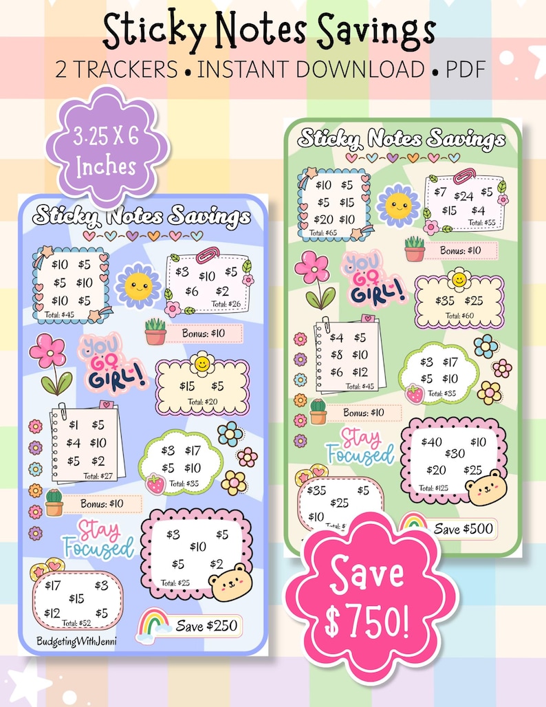 Sticky Notes Savings Challenges: Save 750 Dollars, Printable A6 Envelope Inserts (PDF) image 1