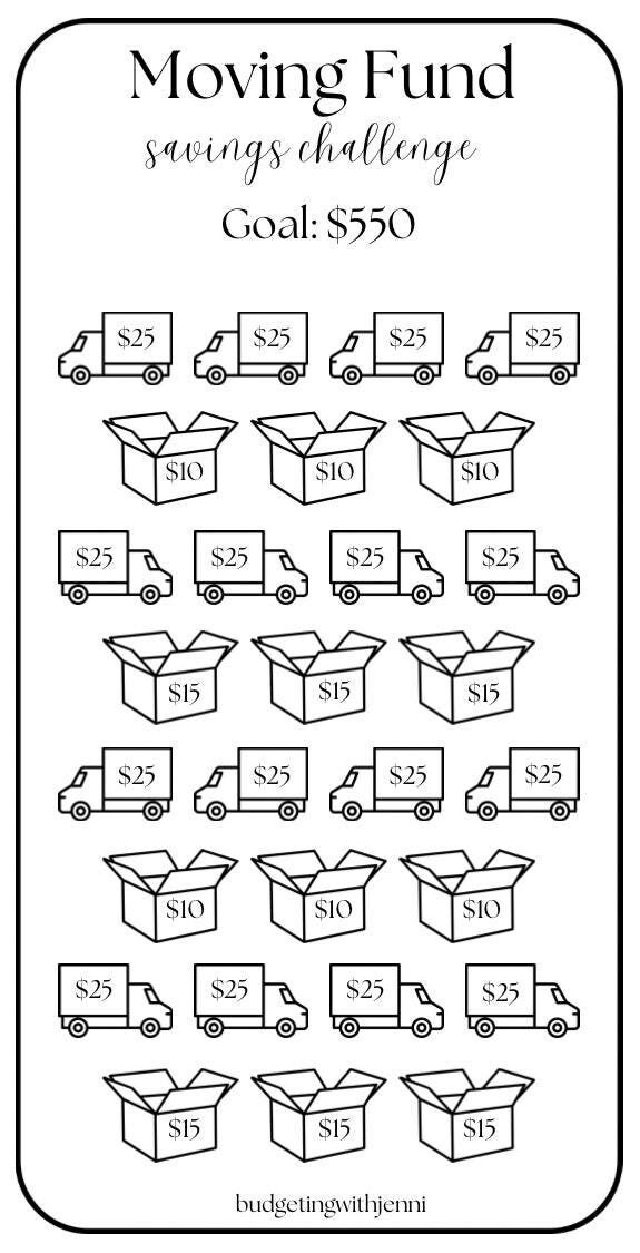 Moving Fund Savings Challenge ~ Save 550 Dollars ~ Low Budget ~ Fits Inside A6 Envelopes ~ Size is 3 X 6 Inches ~ PDF