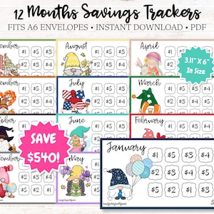 Gnomes 12-Months Savings Challenges: A6 Budgeting Printables (PDF Download)