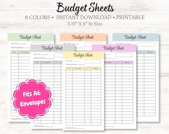 Fogli di bilancio / Tracker di bilancio: 6 colori, inserti per buste A6 (download PDF)