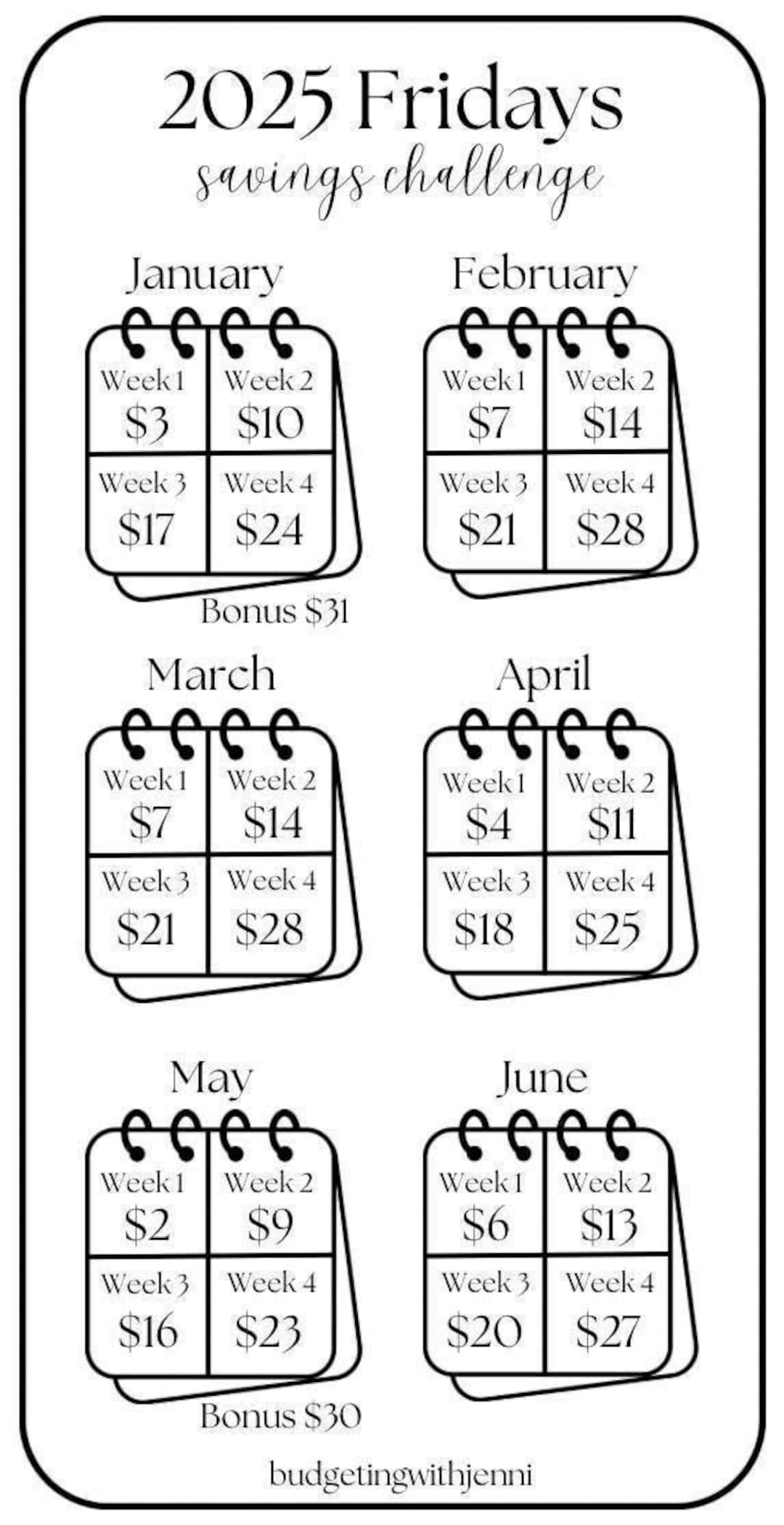 2025 Fridays Savings Challenge Save 720 or 841 Dollars Low Budget Fits A6 Envelopes PDF