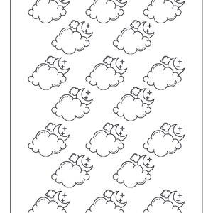 May include: A rectangular savings challenge tracker card with rounded corners. The text reads $200 Savings Challenge. It features twenty black and white line art icons of clouds with a crescent moon and stars. The text at the bottom reads Each Icon Is Worth: $10 and BudgetingWithJenni.
