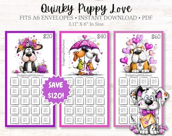 Quirky Puppy Love Savings Challenges, Dollar Savings: Printable A6 Envelope Inserts (PDF Download)