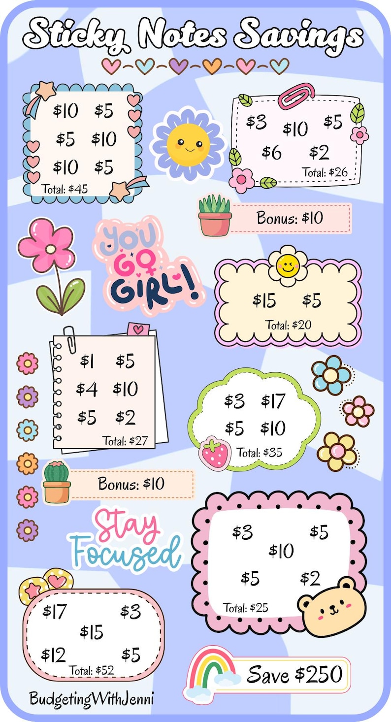 Sticky Notes Savings Challenges: Save 750 Dollars, Printable A6 Envelope Inserts (PDF) image 3