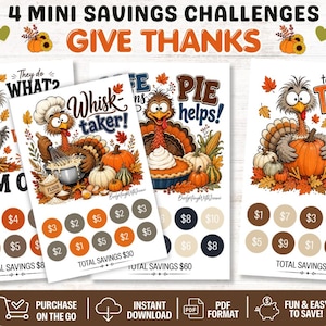 Puede incluir: Cuatro tarjetas de desafío de ahorro en miniatura para sobres A6, con ilustraciones de pavos, hojas de otoño, calabazas y pasteles. Cada tarjeta incluye texto, gráficos coloridos y espacios circulares con cantidades para registrar objetivos de ahorro que suman un total de 220 $.