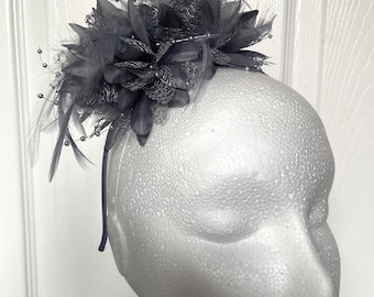 Grey feather and flower fascinator wedding day hair accessory derby day royal ascot race day fascinator mother of the bride accessories