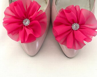 Shoe clips hot pink wedding shoe flowers with silver embellishments