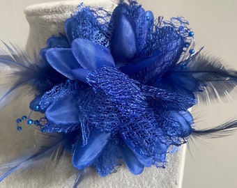Royal blue flower brooch with pearls and feathers 5inch wedding flower corsage