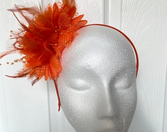 Orange feather and flower fascinator wedding day hair accessory derby day royal ascot race day fascinator mother of the bride accessories