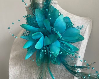 Teal flower brooch with pearls and feathers 5inch wedding corsage race day flowers