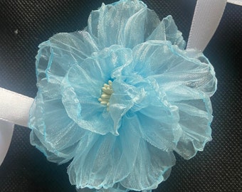 Blue chiffon rose choker on white ribbon delicate singe flower pastel blue 10cm bridal accessories prom flowers