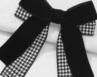 Tweed and velvet hair bow / barrette black and white plaid hair bow