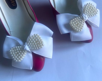 Shoe clips white and pearl wedding shoe bows bridal shoe accessories