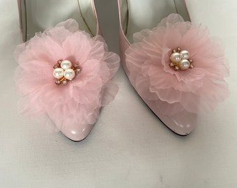 Shoe clips pink and pearl wedding shoe flowers with embellishments bridal shoe clips pink