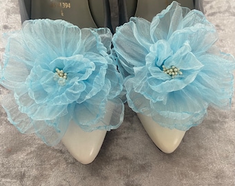 Blue chiffon rose shoe clips blue bridal floral shoe clips wedding accessories shoe flowers for weddings