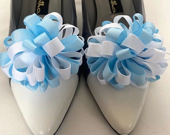 Shoe clips blue and white pom pom ribbon wedding shoe bows mother of the bride accessories