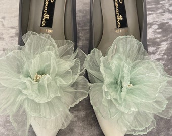 Grüne Chiffon-Rosen-Schuhclips, mintfarbene Braut-Blumen-Schuhclips, Hochzeitsaccessoires, Schuhblumen für Hochzeiten und Abschlussbälle