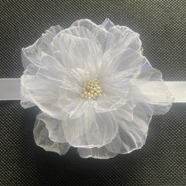 White chiffon rose choker on satin ribbon delicate singe flower white 10cm bridal accessories