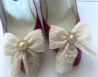 Shoe clips ivory and pearl wedding shoe bows