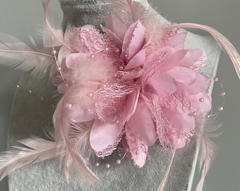 Pink faux silk wedding flower pin brooch 5inch flower brooch blush with pearls and feathers