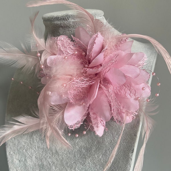 Pink faux silk wedding flower pin brooch 5inch flower brooch blush with pearls and feathers