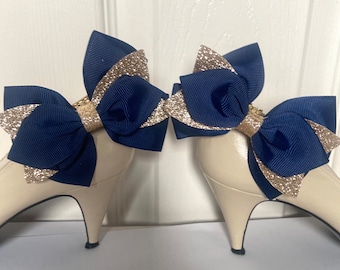 Shoe clips navy blue and gold wedding shoe bows shoe accessories wedding