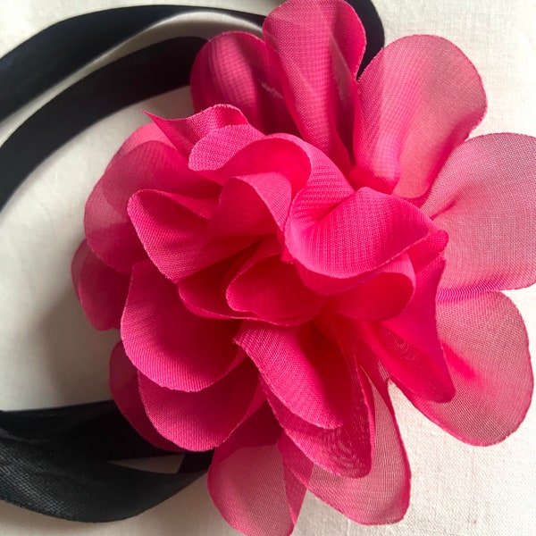 Hot pink ruffle rose choker black ribbon ruffle flower choker chiffon pink