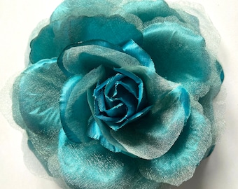 Fabric flower brooch teal rose flower brooch 7 inch oversized flower brooch gifts for mom