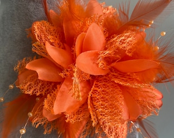 Orange fabric flower with pearls and feathers 5inch wedding corsage race day flowers