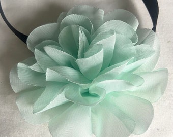 Mint green ruffle rose ribbon choker green chiffon flower on black satin ribbon