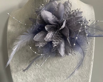 Grey fabric flower brooch with pears and feathers wedding flower corsage