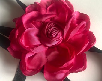 Pink silk rose ribbon choker berry pink satin flower on black satin ribbon wedding accessories