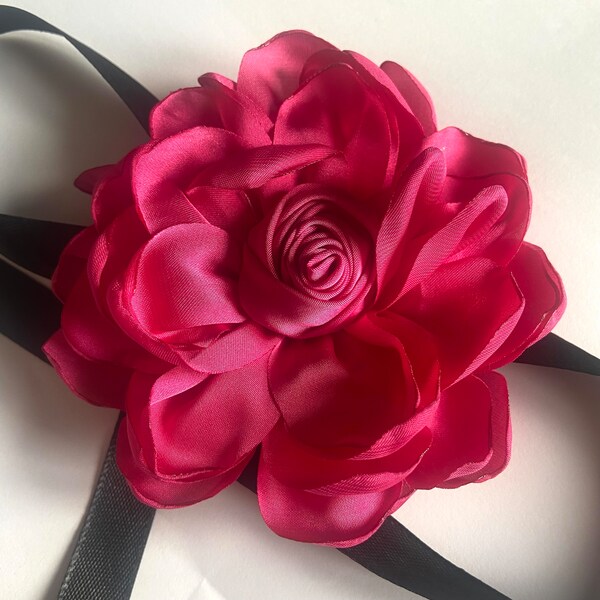 Pink silk rose ribbon choker berry pink satin flower on black satin ribbon wedding accessories