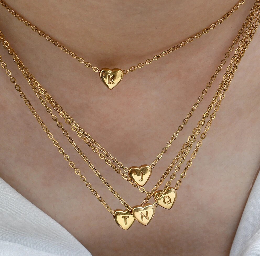 Dainty Gold Silver Tone Heart Necklace - Initial Heart Charm Necklace - Tiny Heart Pendant Necklace - Gold