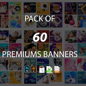 Peut inclure: Un collage de 60 bannières de médias sociaux colorées avec différents designs et textes. Les bannières présentent une variété de thèmes, notamment les voyages, la nourriture, la beauté et les affaires. Le texte sur les bannières comprend des phrases comme "Pack de 60", "Bannières Premium", "Marketing numérique" et "Beauté".