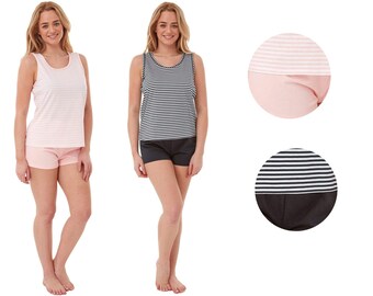 Ladies Short Jersey Pyjama Set 100% Cotton Jersey Stripe Cami & Shorts Set