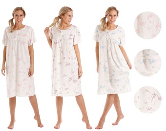 Ladies Floral Short Sleeved Nightdress With Cotton Jersey Stretch Fabric UK Sized 10-36