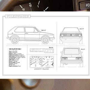 Dibujo técnico, póster, plano esquemático, obra de arte, VW Golf Mrk1 GTI 1976