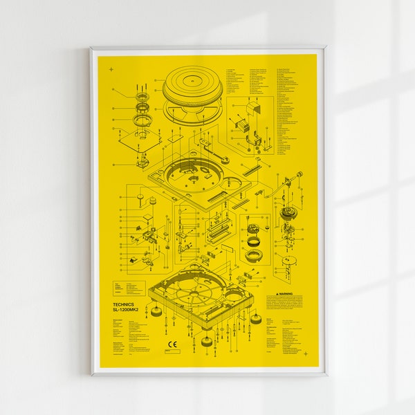 Technic SL-1200 MK2 DJ Turntable, Technical Drawing, Exploded View Poster