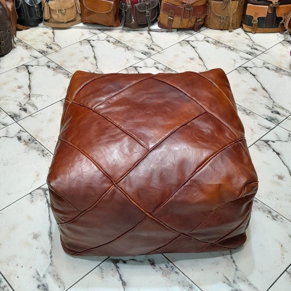 Zigzag Pouf, Brown (Un-Stuffed) Moroccan Leather Berber pouf Ottoman, Floor Cushion, Footstool, Floor Pillow