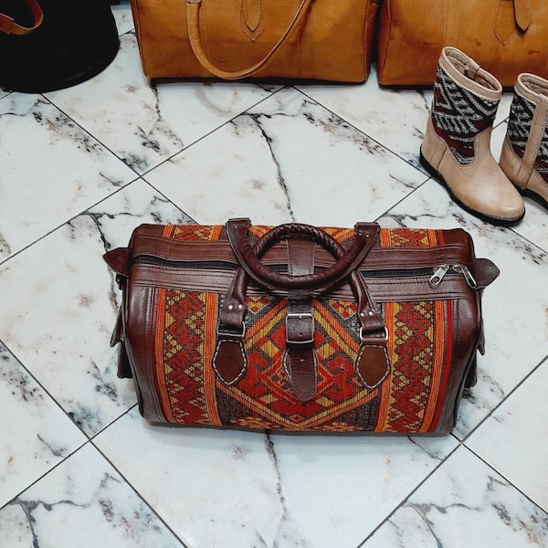 Leather and Vintage Kilim Duffle - Limited Edition! leather duffle, kilim bag, women duffle, weekender, overnight bag