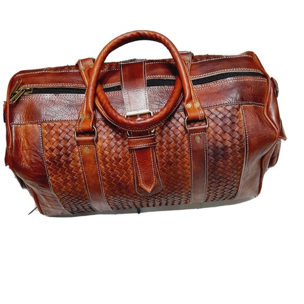 Full Grain Leather Duffle Bag Brown, Intrecciato Travel Duffel Bag, Handcraft Woven Weekend Luggage Bag, Weekender Overnight Duffle Bag