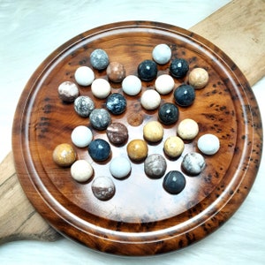 Thuya Wood Solitaire Board Game with Mineral Marbles,Heritage Wood Board Games Collection