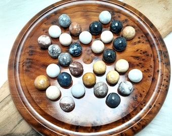 Thuya Wood Solitaire Board Game with Mineral Marbles,Heritage Wood Board Games Collection