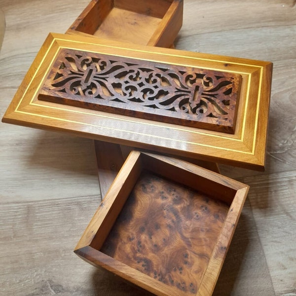 Unique Trinket Juniper wooden Box,Hand-Carved Secret Opening Jewelry Box,Moroccan wood boxes,Burl Puzzle Lock Box, 2 Secret Compartment Box