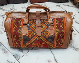 Leather and Vintage Kilim Duffle - Limited Edition! leather duffle, kilim bag, women duffle, weekender, overnight bag