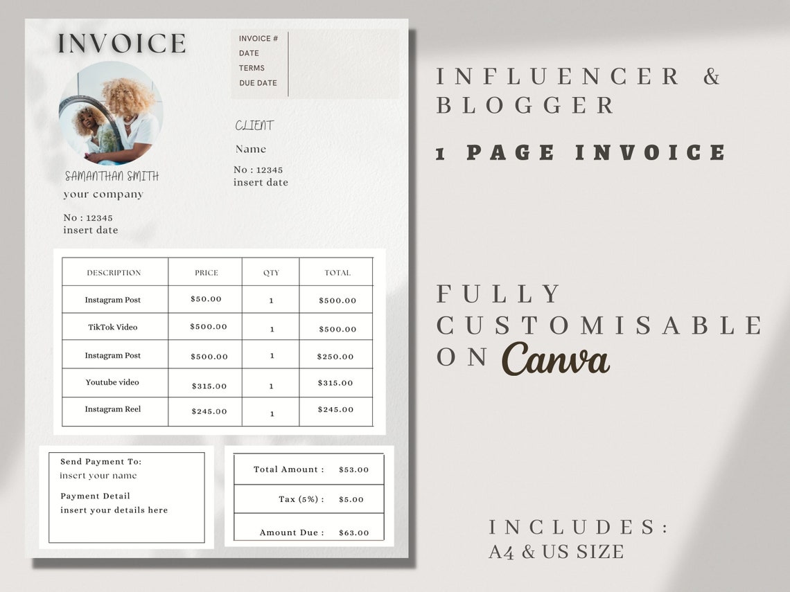 Influencer Invoice Template Invoice Template Download Etsy Canada