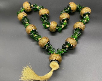 Large Art Glass Worry Beads Stones, Green Gold painted Glass, Gold Silk Tassel Meditation Glass Prayer Bead Decor