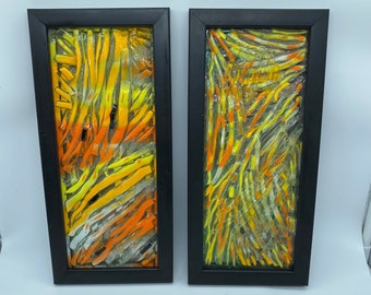 Fused Glass Artist Made Framed Glass art Pair Orange Yellow Clear Artist Made