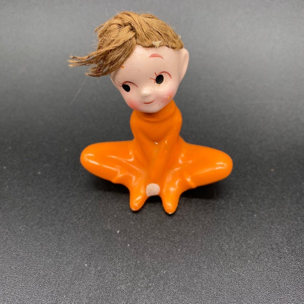 Vintage Napco Pixie Elf  Boy Figurine Orange with Brown Hair 1960s